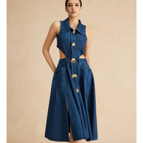 Cutout Waist Slit Hem Sleeveless Denim Dress - Picture 8 of 8